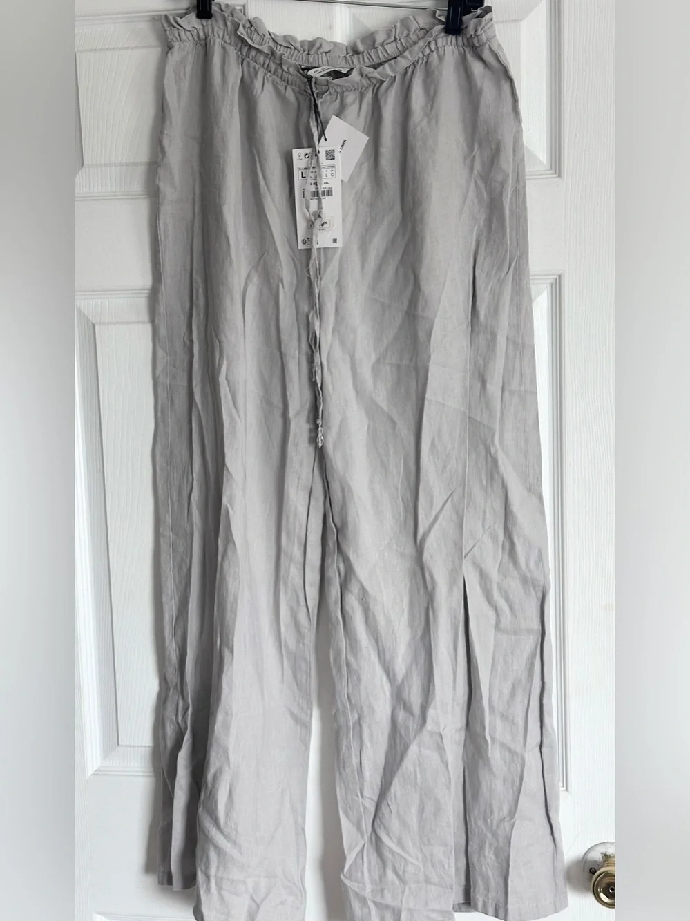 NWT ZARA 100% Linen Gray Wide-Leg Pants with crystal ends size Large